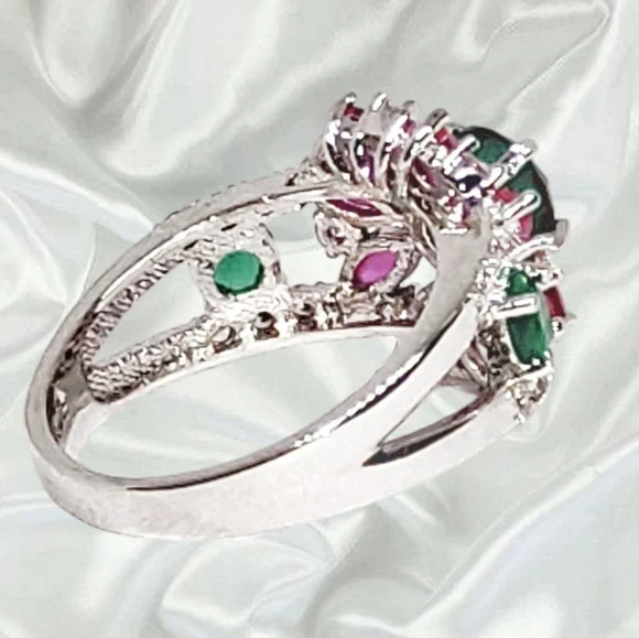 Sterling Silver Ring with Faux Emeralds & Rubies Ring